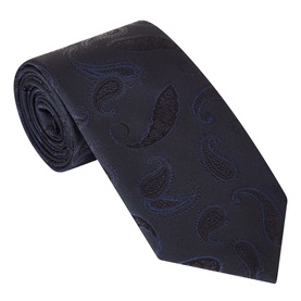 Navy blue silk tie with tonal paisley jacquard pattern, rolled and displayed upright