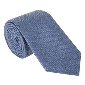 Canali silk and wool tie in mid-blue with subtle textured weave pattern, rolled display showing classic width and construction