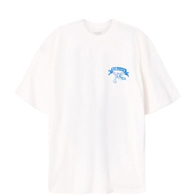 White oversized T-shirt with small blue graphic and text print on chest, crew neck, short sleeves, flat lay view