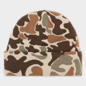Columbia beanie in Ancient Fossil Camo, acrylic knit with brown, tan, cream and sage camouflage pattern and ribbed fold-over cuff.