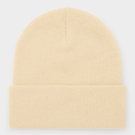 Columbia Chalk beanie in cream, 100% acrylic knit with wide ribbed fold-over cuff, flatlay view