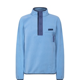 Columbia Helvetia Half-Buttoned Logo Fleece Sweatshirt in light blue with navy snap placket, funnel neck, and zip chest pocket