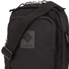 Columbia crossbody bag in black nylon with silver-tone hardware, adjustable shoulder strap, and embossed logo patch detail
