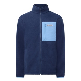 Columbia men's fleece jacket in Collegiate Navy, full-zip with light blue chest pocket and Columbia logo badge