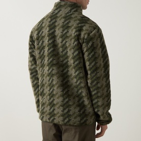 Model wearing Columbia Helvetia&trade; II Printed Half Snap Fleece in Stone Green Twills, rear view showing all-over print and half snap collar