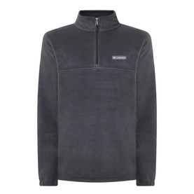 Columbia men's black quarter-zip fleece, 100% polyester with stand collar and small logo badge at chest.