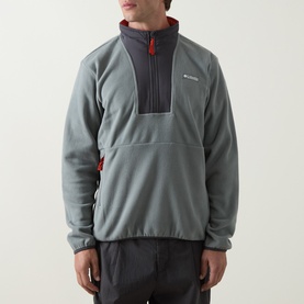 Model wearing Columbia Sequoia Grove II Half Zip Fleece Jacket in Sedona Sage/Shark, colour-blocked with half-zip and pouch pocket.