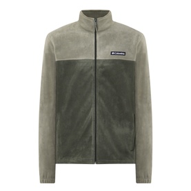 Columbia Stone Green fleece jacket with colour-block panels, full-zip fastening, stand collar, and logo badge on chest