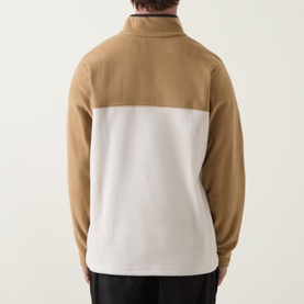 Model wearing Columbia Steens Mountain II Half Snap Fleece Jacket in Dark Stone/Delta, colour-block back view with half-zip neckline.