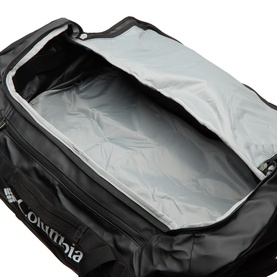 Columbia Hold All black polyester holdall with open top compartment revealing spacious silver-lined interior