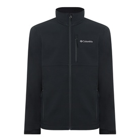 Columbia Ascender&trade; Hiking Softshell Jacket in black, shown as crew-neck tee with white Columbia logo print to chest