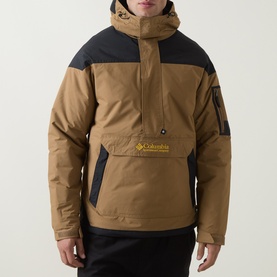 Model wearing Columbia Challenger&trade; II Pullover Anorak in Delta/Black, half-zip anorak with colour block design, fixed hood and sleeve pocket.