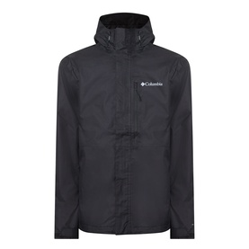 Columbia men's black hooded windbreaker jacket with zip front, chest logo, and lightweight polyester construction