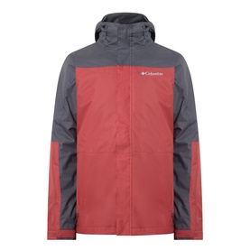 Model wearing Columbia Hikebound&trade; II 3-in-1 Waterproof Jacket in Red Oxide and Shark colour block with fixed hood and zip pockets