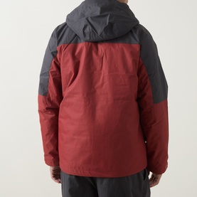 Model wearing Columbia Hikebound&trade; II 3-in-1 Waterproof Jacket in Red Oxide and Shark colourblock, rear view, fixed hood visible.