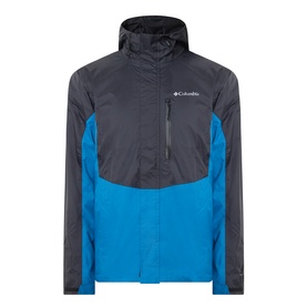 Columbia Pouring Adventure III Waterproof Hiking Jacket in Black and Phoenix Blue, colourblock design with fixed hood, zip fastenings and logo