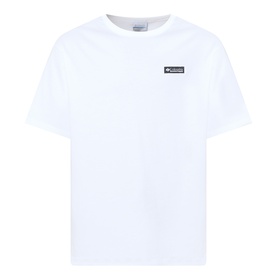 Columbia white crew neck T-shirt with small logo patch on chest, short sleeves, 100% cotton