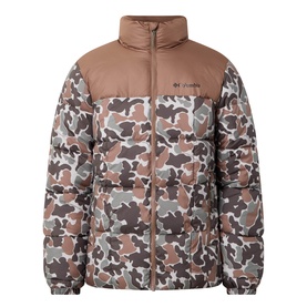 Columbia men's puffer jacket in Fossil and camo print, zip-up with stand collar and quilted insulation, tan yoke panel