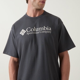 Model wearing Columbia CSC Retro Logo T-Shirt in Shark grey, short sleeves, with white logo print to chest