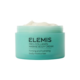 Elemis Pro-Collagen Marine Body Cream in open teal jar, showing cream texture inside lid