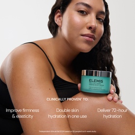 Model with Elemis Pro-Collagen Marine Body Cream jar, shown against neutral background with clinically proven hydration claims overlay