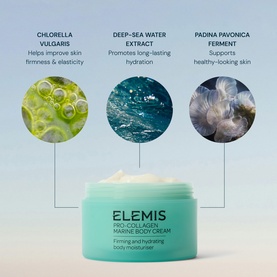 Elemis Pro-Collagen Marine Body Cream in teal jar with key ingredient callouts: Chlorella Vulgaris, Deep-Sea Water Extract, Padina Pavonica Ferment.