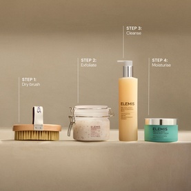 Elemis Pro-Collagen Marine Body Cream shown in a 4-step body care routine with dry brush, exfoliator, cleansing oil, and moisturiser