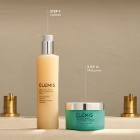 Elemis Pro-Collagen Marine Body Cream alongside a cleanser, displayed as a two-step skincare routine on a marble shelf