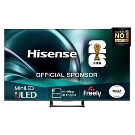 Hisense 55 Inch U7Q Mini QLED 4K HDR 144Hz Smart AI TV in black, front view with slim bezels and central stand