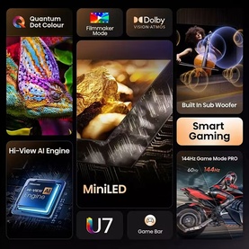 Hisense 55 Inch U7Q Mini QLED 4K HDR 144Hz Smart AI TV feature highlights: Quantum Dot Colour, MiniLED, Dolby Atmos, 144Hz Gaming, Hi-View AI Engine