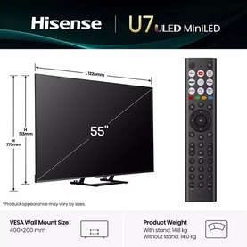 Hisense 55 Inch U7Q Mini QLED 4K HDR 144Hz Smart AI TV in black with dimensions diagram and remote control