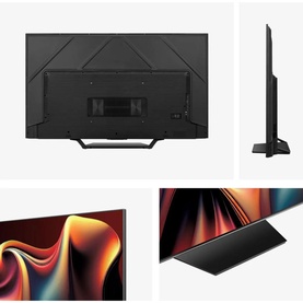 Hisense 65 Inch U7Q Mini QLED 4K HDR Smart TV in black, shown from rear, side profile, and screen displaying vibrant abstract display.
