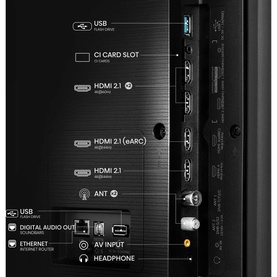 Hisense 65 Inch U7Q Mini QLED 4K HDR 144Hz Smart AI TV black rear panel showing HDMI 2.1, USB, CI card slot and audio ports
