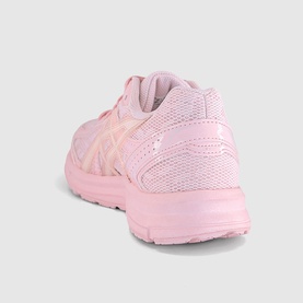 Asics trainer in Pink Salt, rear three-quarter view showing mesh upper, tonal lace detail and pink rubber sole.