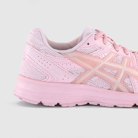 Asics running trainer in Pink Salt, featuring mesh upper, rose gold logo detail, and cushioned sole, angled side view.