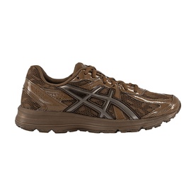 Asics brown mesh running trainer with dark grey logo detail, rubber outsole, lace-up fastening, tonal brown colourway