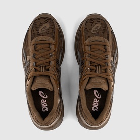 Asics brown trainers, overhead view showing mesh upper, branded insole and lace-up fastening in tonal brown colourway