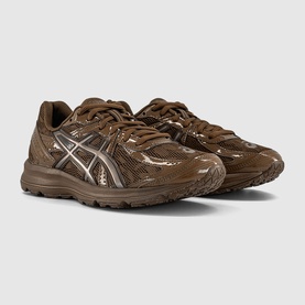 Asics trainers in Brown Storm colourway, patent mesh upper with silver logo detailing, chunky rubber outsole, pair displayed at angle