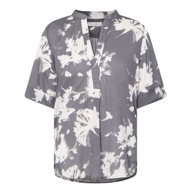 Marc O Polo dark grey and white tie-dye cotton blouse with V-neckline, short sleeves, and relaxed fit