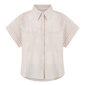 Marc O Polo light beige striped cotton blouse, short sleeves, boxy fit, chest pockets, classic collar, button-front fastening