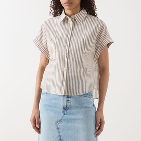 Model wearing Marc O Polo light beige striped cotton blouse with short sleeves and chest pockets, styled with a light blue denim midi skirt