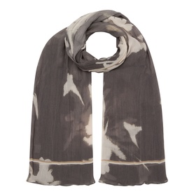 Marc O Polo scarf in dark grey multi, lightweight fabric with abstract ikat-style print and cream contrast detailing, draped display