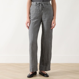 Model wearing Marc O Polo Linen Straight-Leg Trousers in Slate Grey Melange, mid-rise with drawstring waist, styled with black ballet flats