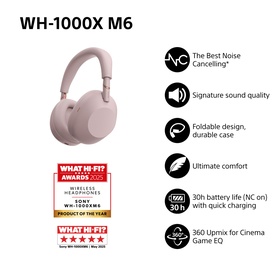 Sony WH1000 Mark 6 Noise Cancelling Bluetooth Over-Ear Headphones in pink, shown with key feature icons including 30hr battery and noise cancelling