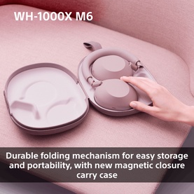 Sony WH1000 Mark 6 Noise Cancelling Bluetooth Headphones in pink, shown folded inside magnetic closure carry case