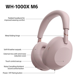 Sony WH1000 Mark 6 Noise Cancelling Bluetooth Over Ear Headphones in pink, with annotated feature callouts including padded headband and earcups.