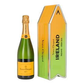 Veuve Clicquot Brut Champagne bottle with Ireland arrow-shaped gift tin, yellow label, green and yellow packaging, Reims 969 KM