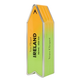Veuve Clicquot Ireland arrow-shaped gift box in orange and green gradient with Reims 969 KM text, silver-edged packaging