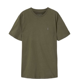 AllSaints Dexter Ramskull T-Shirt in green, regular fit cotton tee with crew neck and signature ramskull chest embroidery