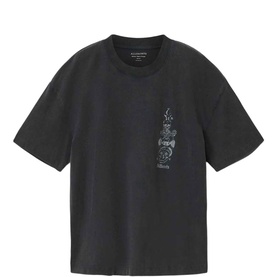 Washed black oversized T-shirt with tonal graphic print on chest, crew neck and short sleeves